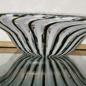 Murano Style Bowl MCM Beautiful Black & White Striped Art Glass -Heavy